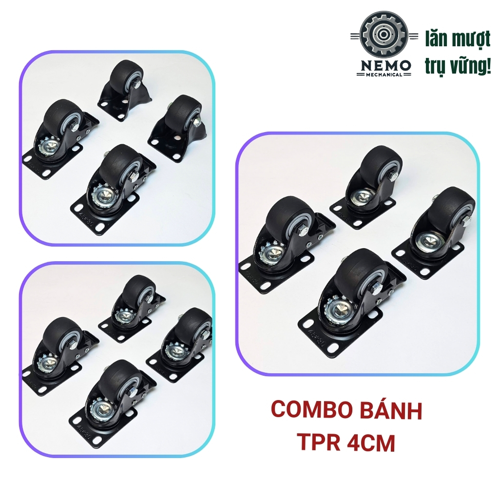 Bánh xe TPR chống ồn, có bạc đạn, tải cao dùng cho xe đẩy di chuyển không gây ồn